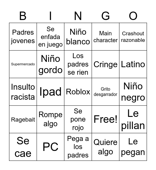 Kids crashing out Bingo Card