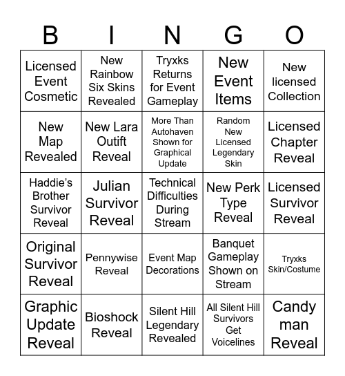 DBD 10th Anniversary Stream Bingo Card