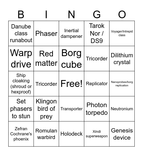 MTG Star Trek Non-Enterprise Ships and Tech Bingo Card