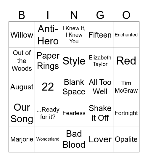 Swiftie BINGO Card