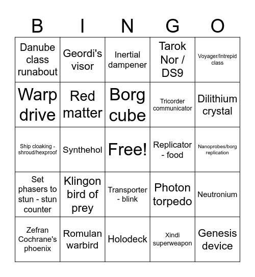 MTG Star Trek Non-Enterprise Ships and Tech Bingo Card
