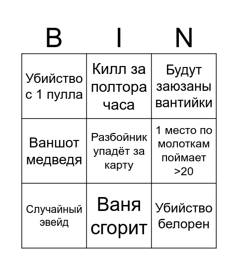 Авангард Bingo Card