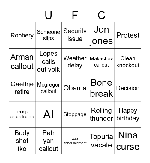 UFC Bingo Card
