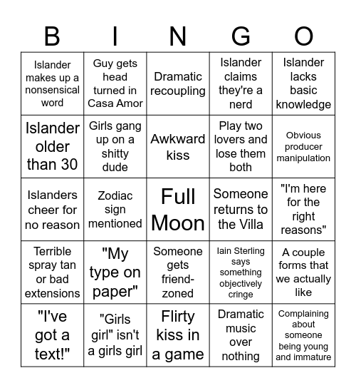 Love Island USA Season 8 Bingo Card