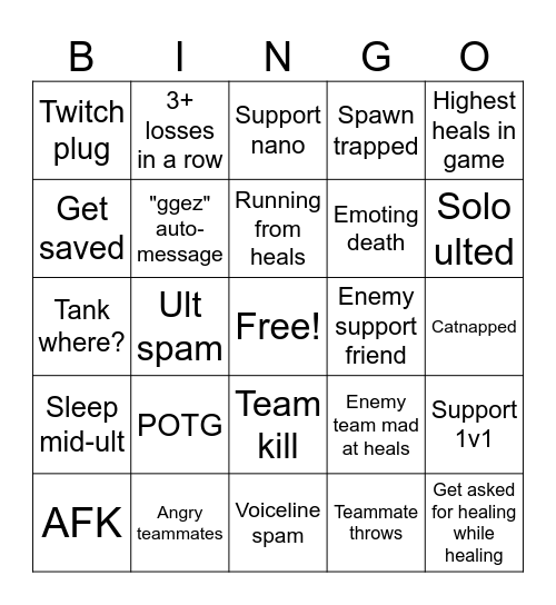 Overwatch Support Bingo Card
