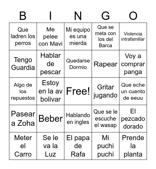 Yucepe Bingo Card
