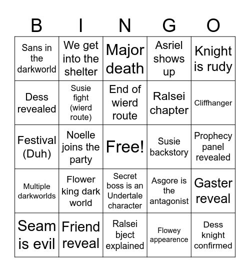 Deltarune Bingo Card