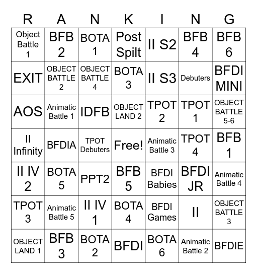 1 new BFDI Video Bingo Card