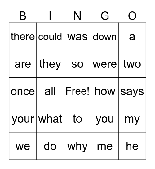 Tricky Words Bingo Card