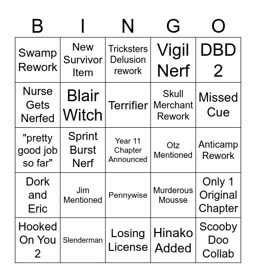 DBD Bingo Card