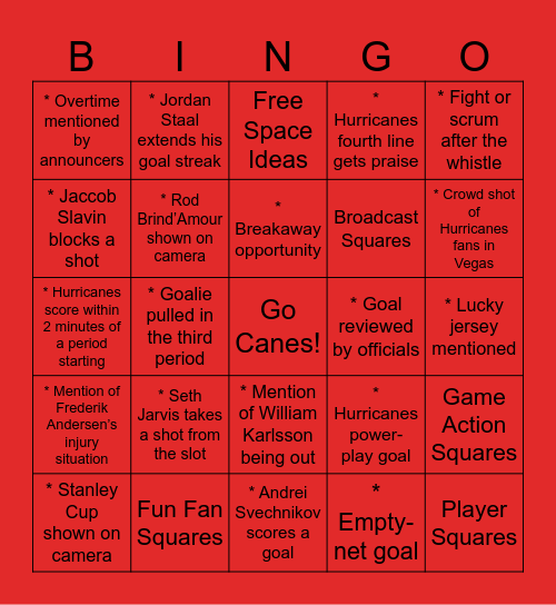 Canes Game 6 Bingo Card