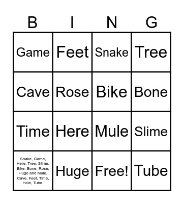 Magic E Words Bingo Card
