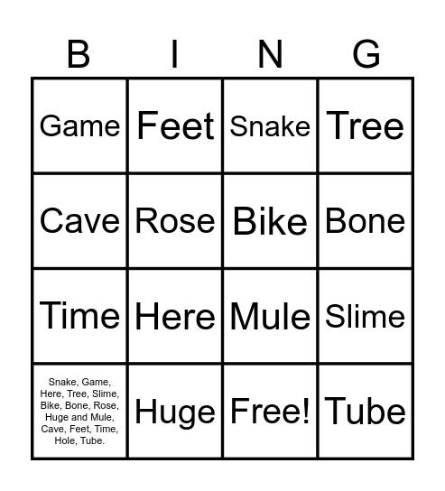Magic E Words Bingo Card