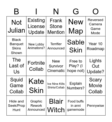 DBD Anniversary Bingo Card