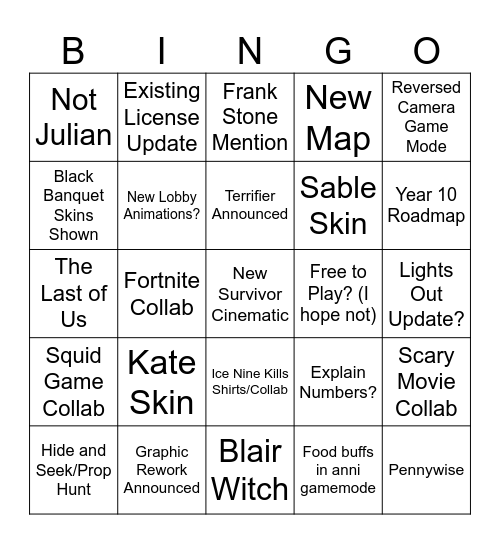 DBD Anniversary Bingo Card