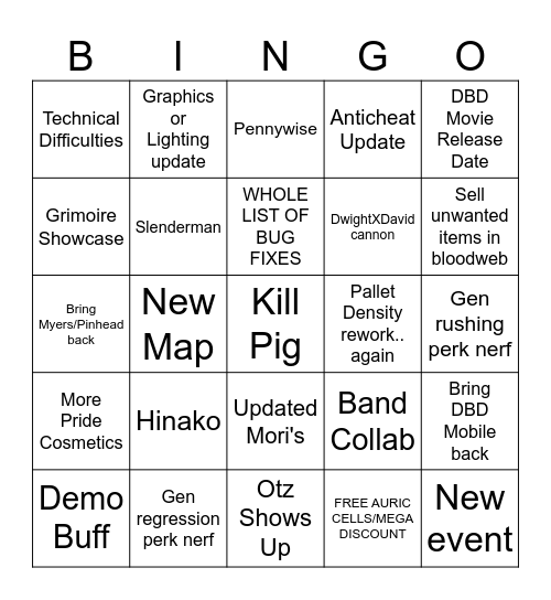 DBD 10 Year Anniversary Bingo Card