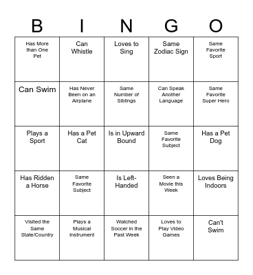Upward Bound Bingo Card
