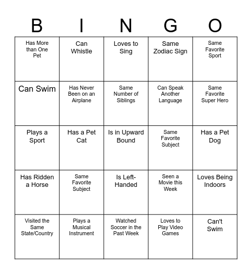 Upward Bound Bingo Card