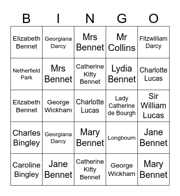 Pride and Prejudice Bingo Card