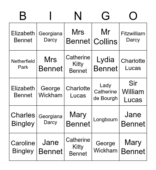 Pride and Prejudice Bingo Card