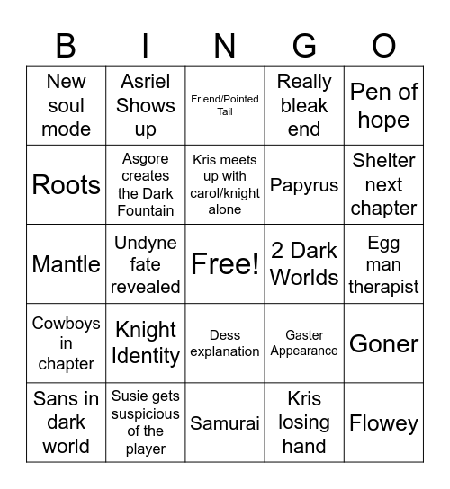 Deltarune chapter 5 Bingo Card