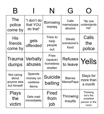 Joshua crash out Bingo Card