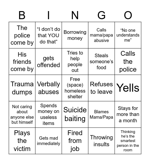 Joshua crash out Bingo Card
