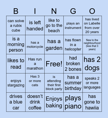 Neighbourhood human bingo! Bingo Card