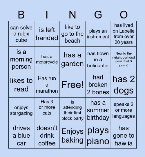 Neighbourhood human bingo! Bingo Card