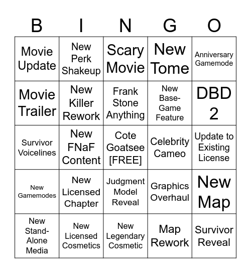 Dead by Daylight Year 10 Stream V2 Bingo Card
