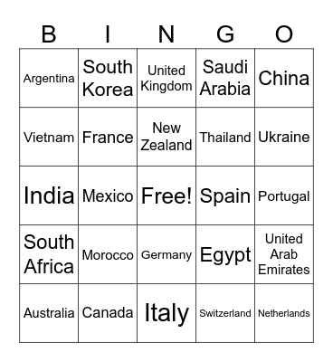 Bingo Géographie Bingo Card