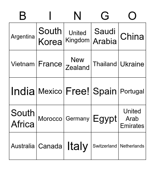 Bingo Géographie Bingo Card