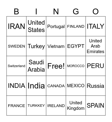 COUNTRIES OF THE WORLD Bingo Card