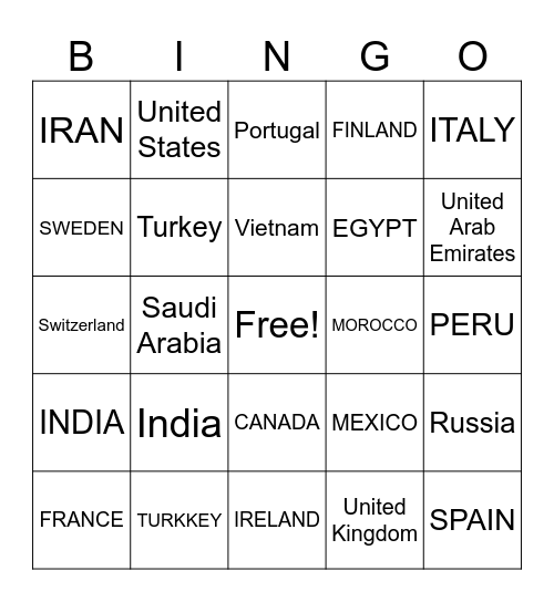 COUNTRIES OF THE WORLD Bingo Card