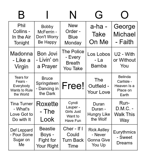 80's Bingo Card