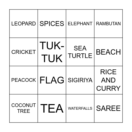 SRI LANKA BINGO Card