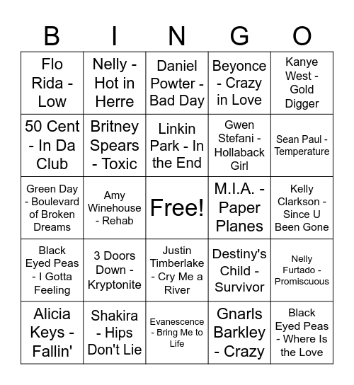 00's Bingo Card