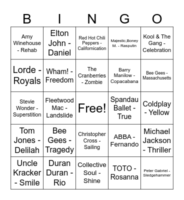 One Word Songs Bingo Card
