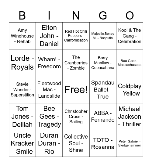 One Word Songs Bingo Card