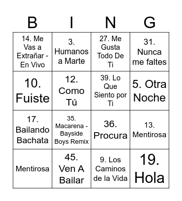 BINGO MUSICAL Bingo Card