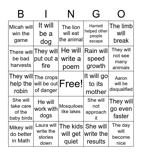 PREDICTING OUTCOMES Bingo Card