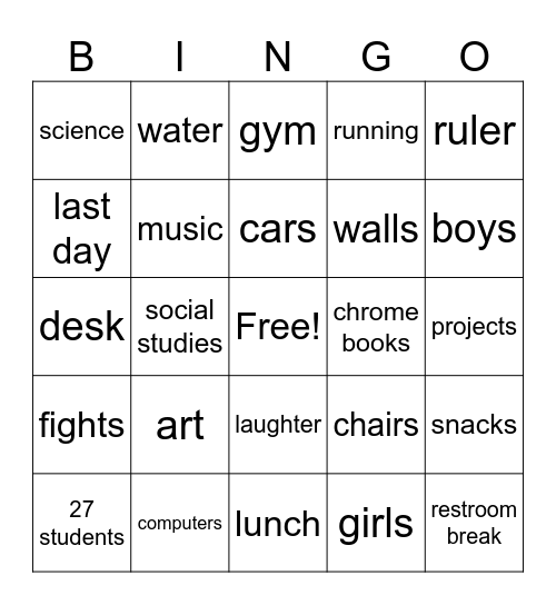 Last Day of School Bingo Card