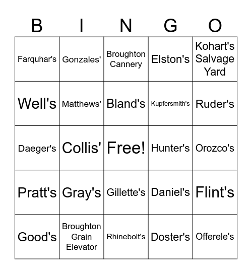 Broughton Bingo Card