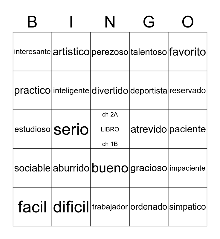 realidades-1-adjectives-bingo-card