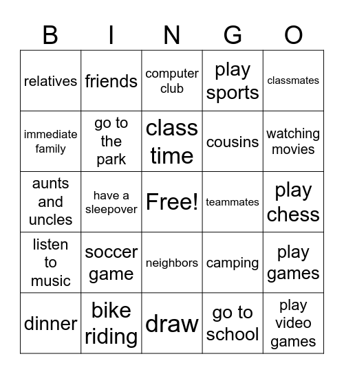 Let's Hang Out! Bingo Card