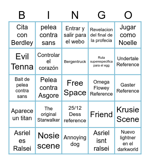 Deltarune Bingo Card