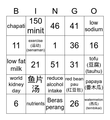 healthy kidneys! Bingo Card