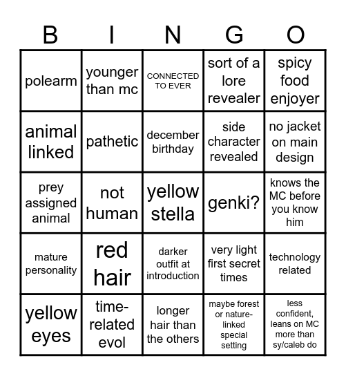 6th Love Interest Bingo Card