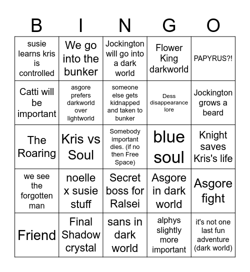 Deltarune Chapter 5 Predictions Bingo Card