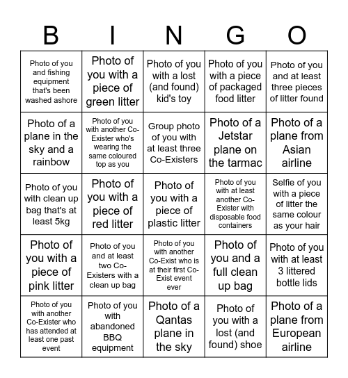 Co-Exist Sydney Plane Spotting Beach Bingo.  Photos must be shared into group chat to be counted :) Bingo Card